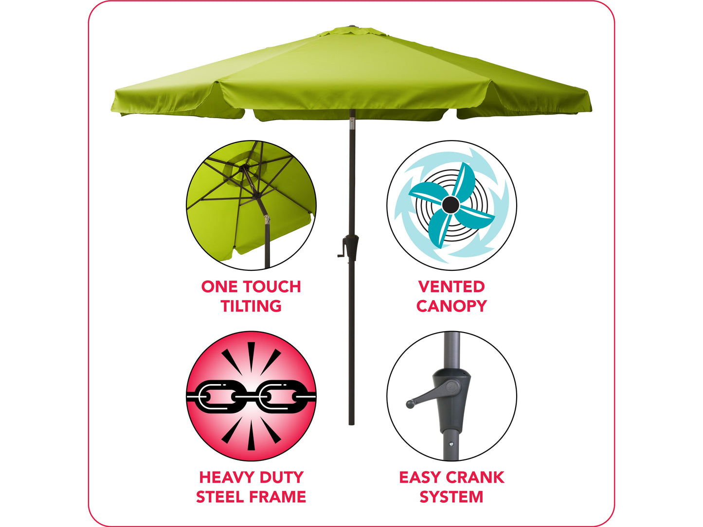 Lime green 10ft round patio umbrella with tilting mechanism, sturdy aluminum pole, and UV-resistant fabric, perfect for outdoor shade and garden decor.