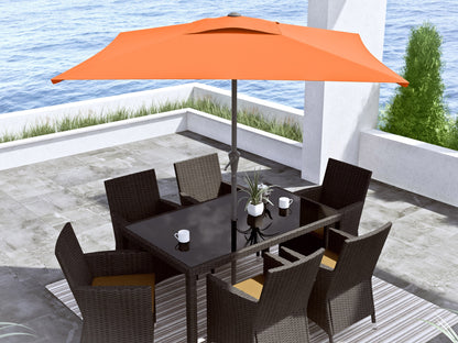 Bright orange 9ft square patio umbrella with tilting feature, sturdy metal pole, and weather-resistant fabric, perfect for outdoor shade on patios, decks, and gardens.