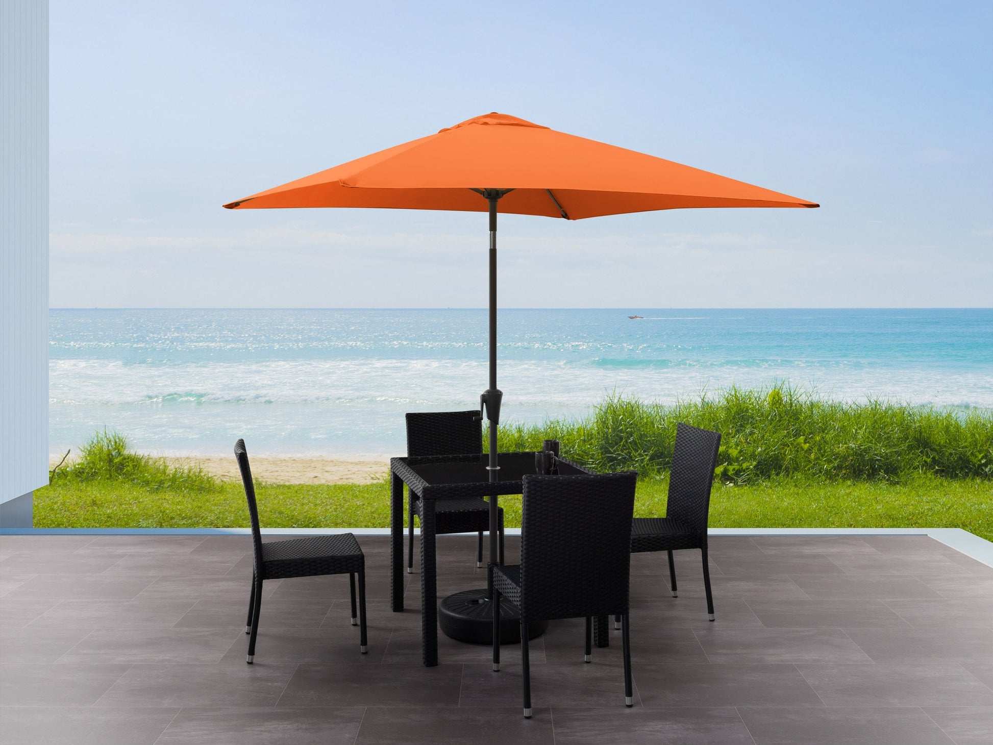 Bright orange 9ft square patio umbrella with tilting feature, sturdy metal pole, and weather-resistant fabric, perfect for outdoor shade on patios, decks, and gardens.