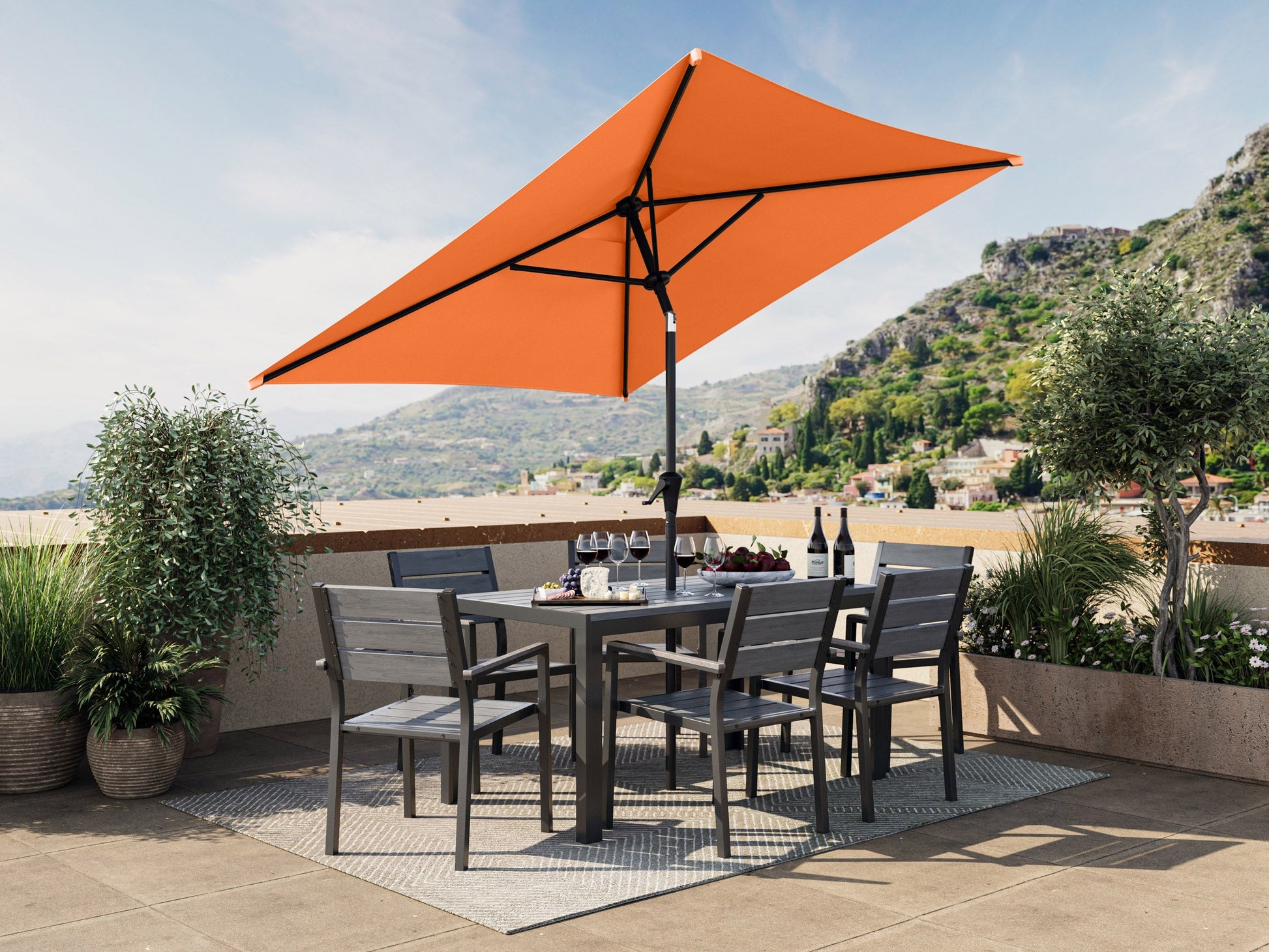 Bright orange 9ft square patio umbrella with tilting feature, sturdy metal pole, and weather-resistant fabric, perfect for outdoor shade on patios, decks, and gardens.