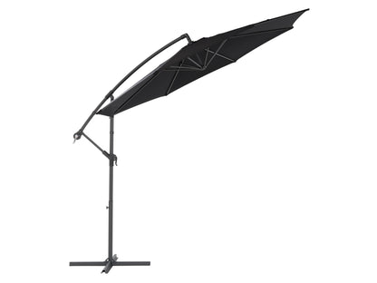 9.5ft tilting offset patio umbrella with black canopy, sturdy aluminum frame, and crank lift system, perfect for outdoor shade on patios or decks.