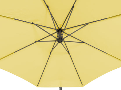 Yellow 9.5ft tilting offset patio umbrella with sturdy metal frame, adjustable tilt mechanism, and weather-resistant fabric, providing ample shade for outdoor spaces.