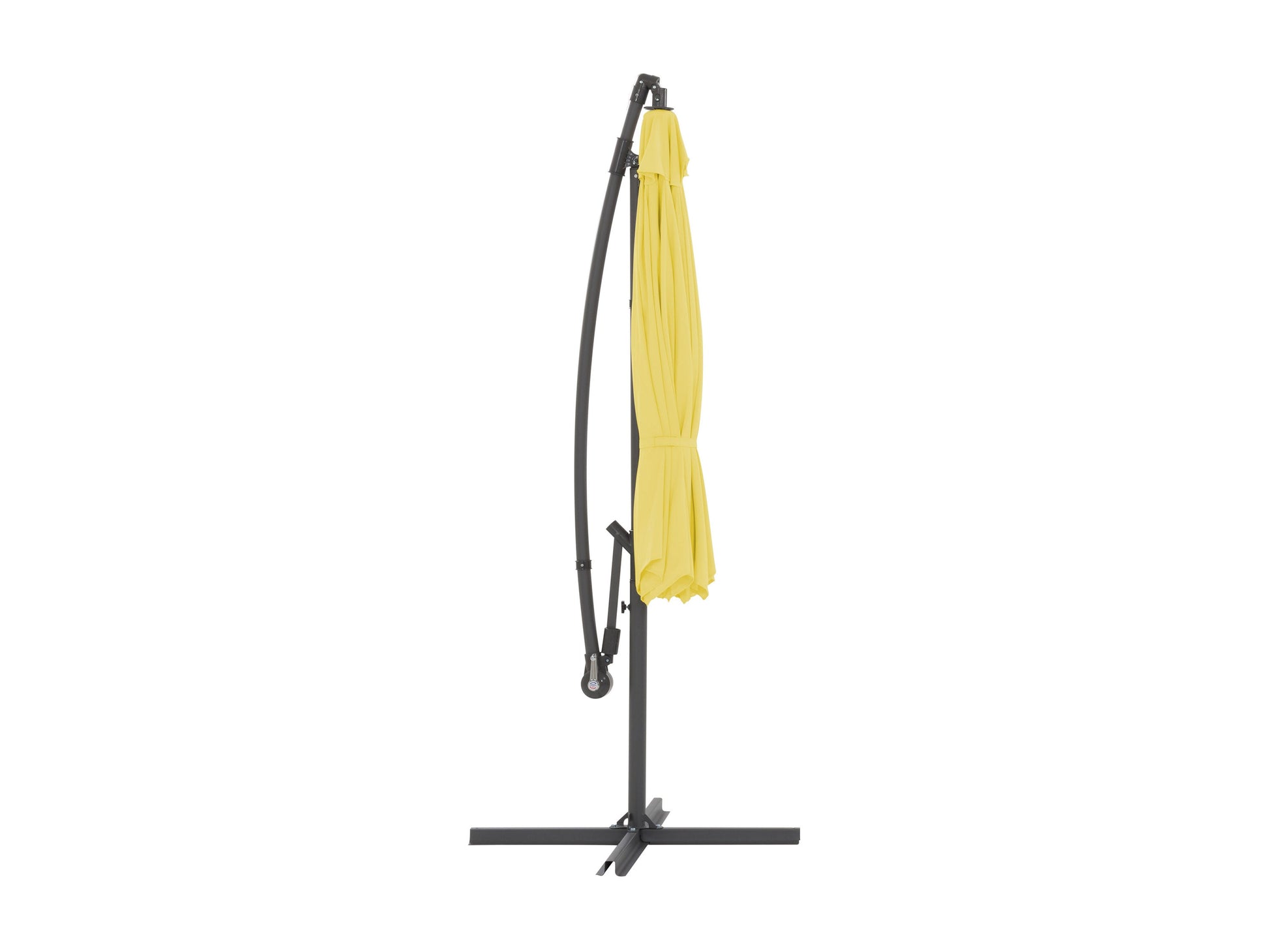 Yellow 9.5ft tilting offset patio umbrella with sturdy metal frame, adjustable tilt mechanism, and weather-resistant fabric, providing ample shade for outdoor spaces.