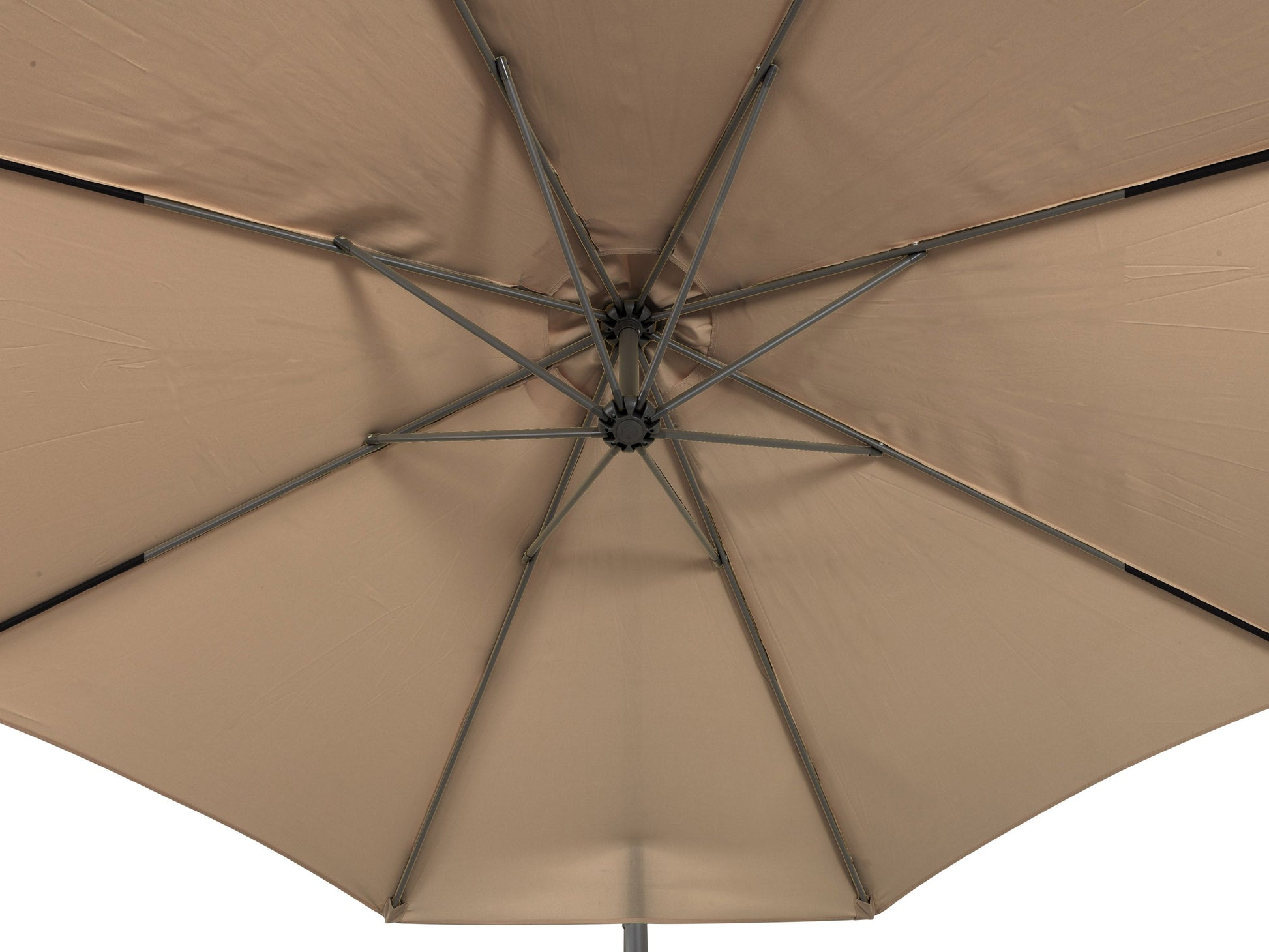 Brown 9.5ft tilting offset patio umbrella with durable polyester canopy, aluminum pole, and crank lift system for easy adjustment, perfect for providing shade in outdoor spaces.