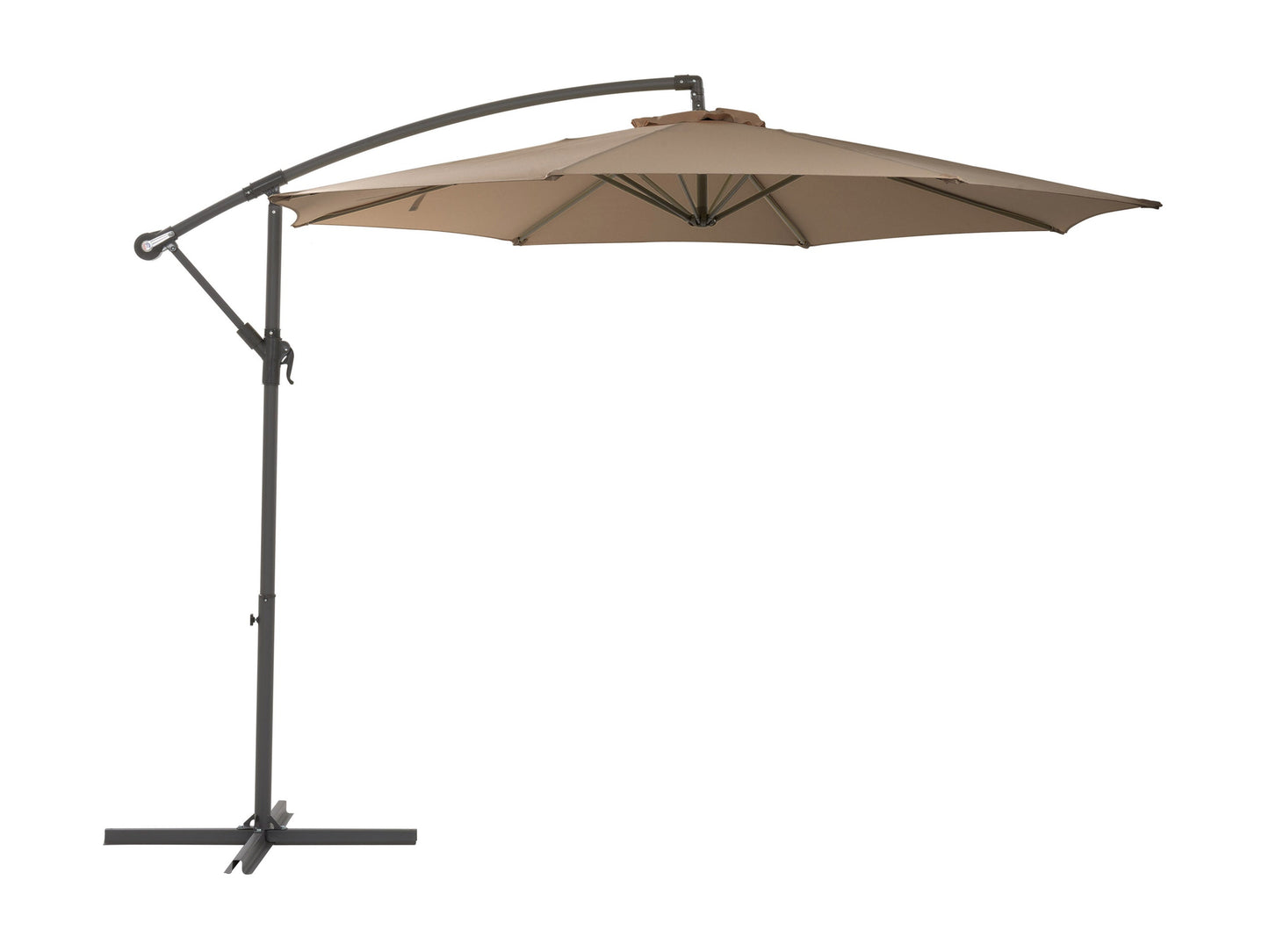 Brown 9.5ft tilting offset patio umbrella with durable polyester canopy, aluminum pole, and crank lift system for easy adjustment, perfect for providing shade in outdoor spaces.