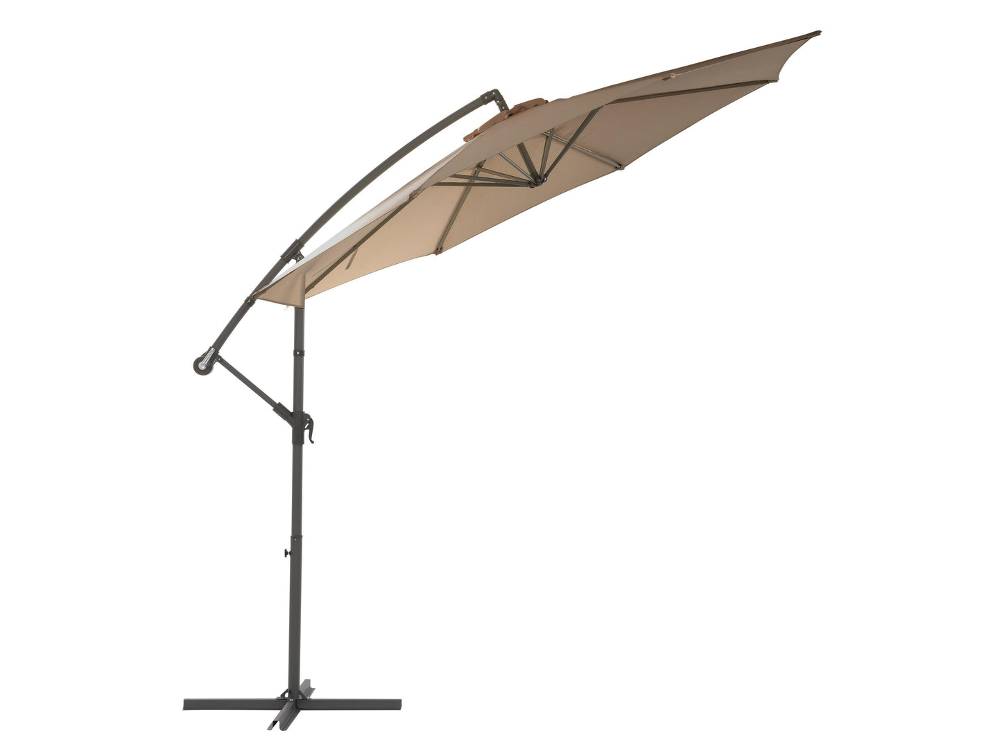 Brown 9.5ft tilting offset patio umbrella with durable polyester canopy, aluminum pole, and crank lift system for easy adjustment, perfect for providing shade in outdoor spaces.