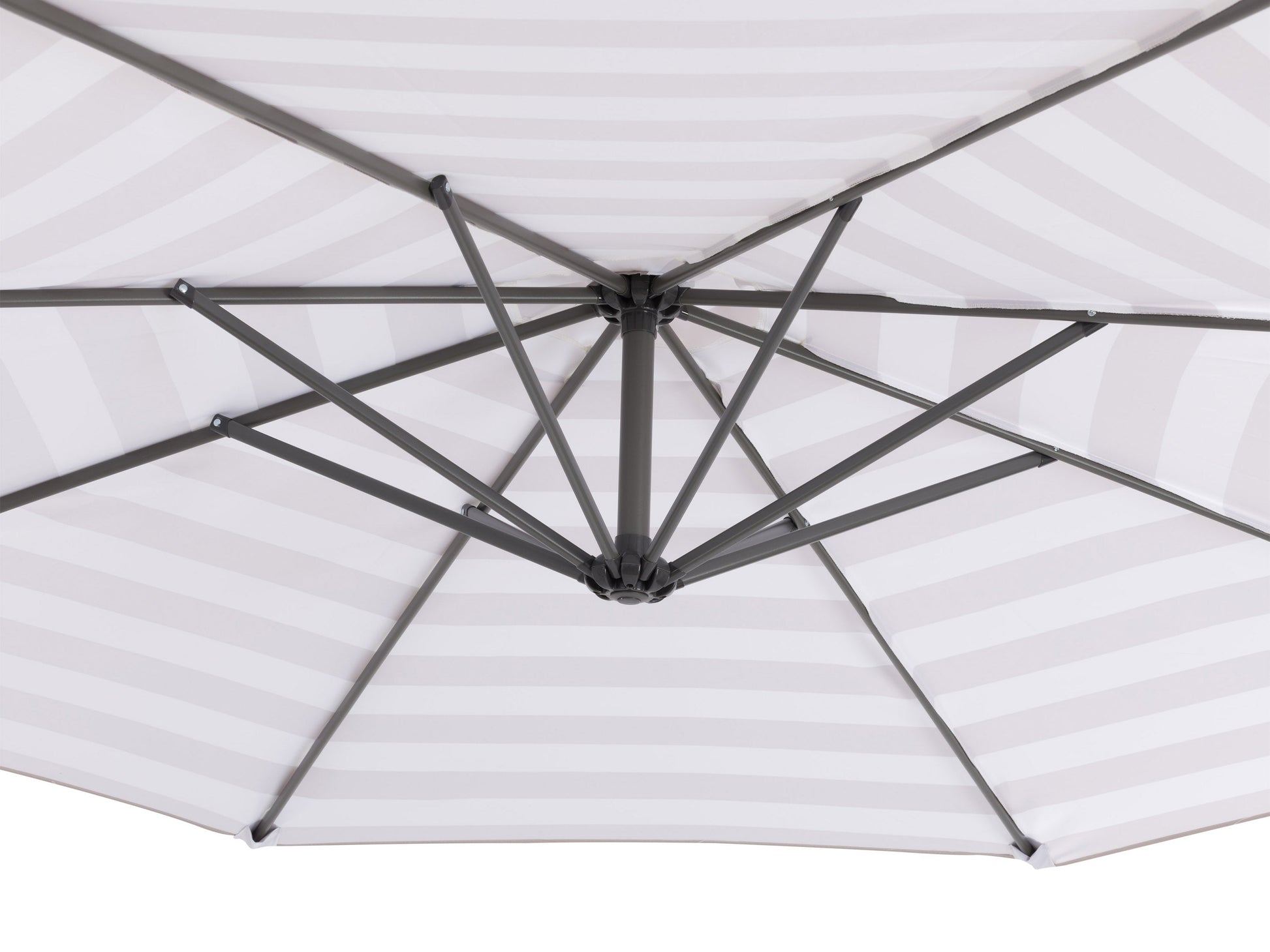 10ft taupe and white striped offset umbrella with sturdy aluminum frame, crank lift system, and UV-resistant polyester canopy perfect for patio or garden shade.