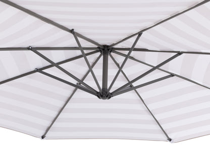 10ft taupe and white striped offset umbrella with sturdy aluminum frame, crank lift system, and UV-resistant polyester canopy perfect for patio or garden shade.