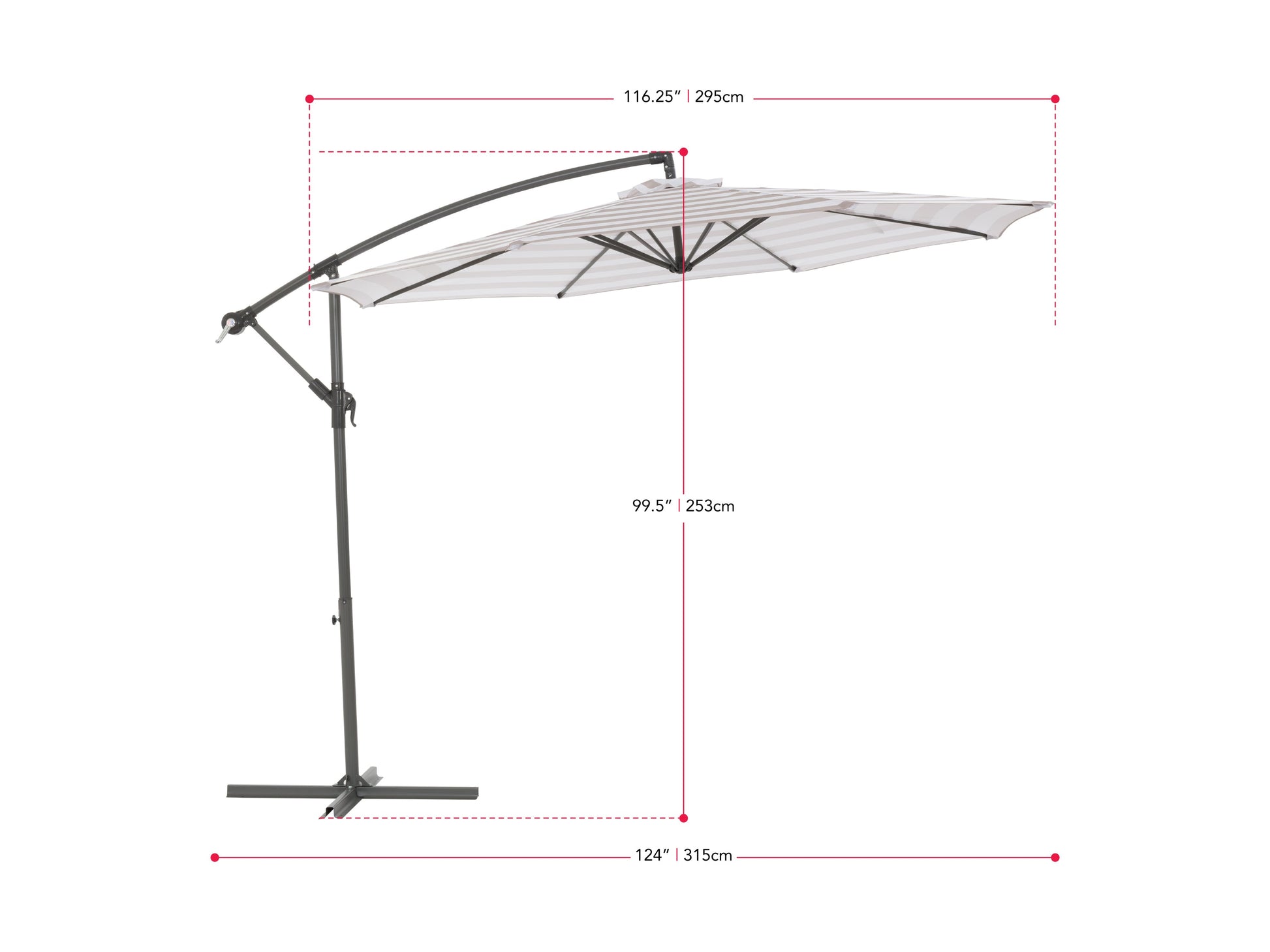 10ft taupe and white striped offset umbrella with sturdy aluminum frame, crank lift system, and UV-resistant polyester canopy perfect for patio or garden shade.