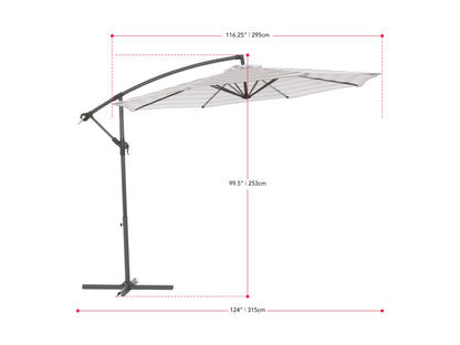 10ft taupe and white striped offset umbrella with sturdy aluminum frame, crank lift system, and UV-resistant polyester canopy perfect for patio or garden shade.