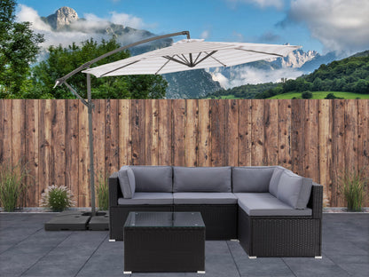 10ft taupe and white striped offset umbrella with sturdy aluminum frame, crank lift system, and UV-resistant polyester canopy perfect for patio or garden shade.