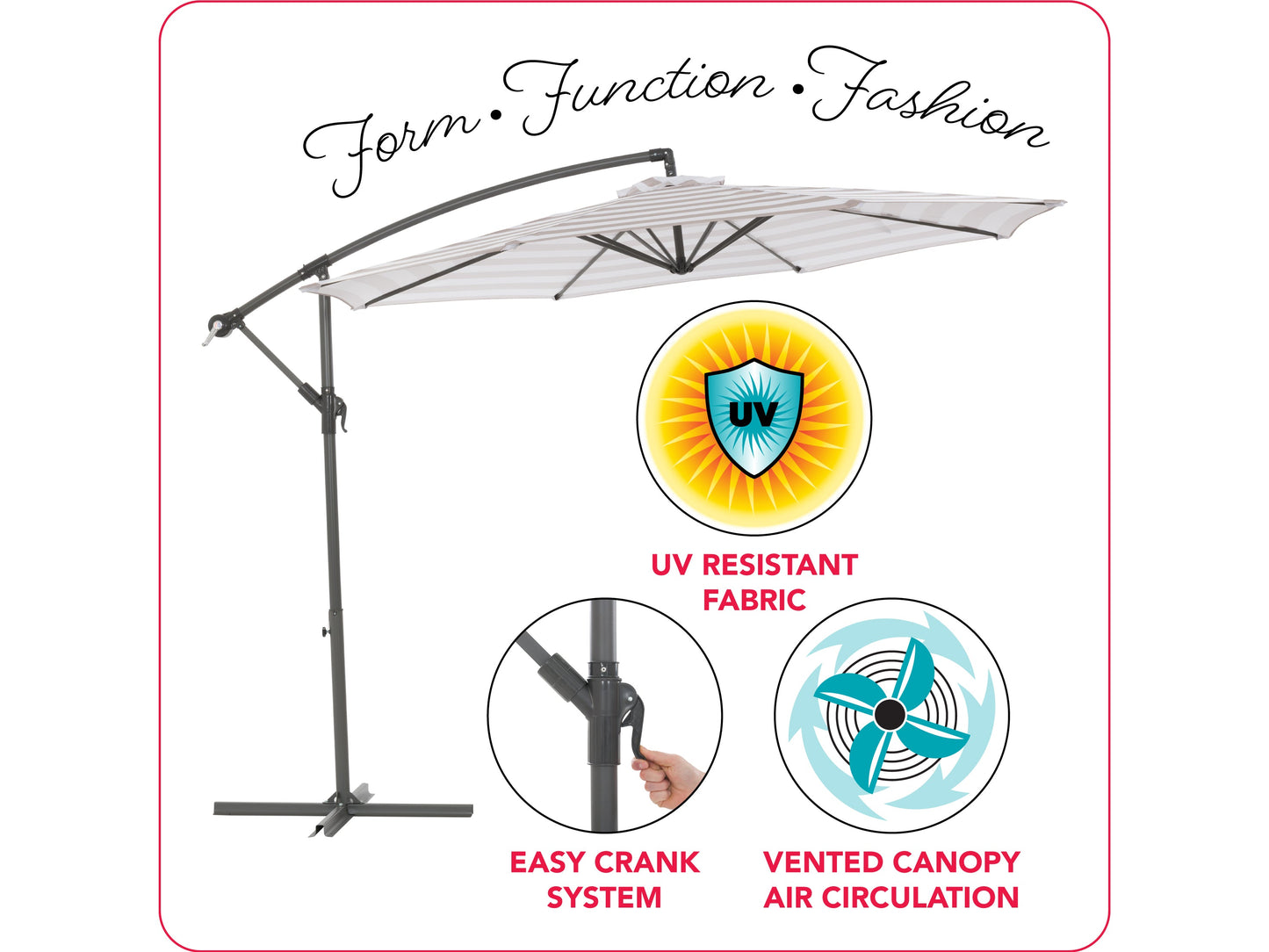 10ft taupe and white striped offset umbrella with sturdy aluminum frame, crank lift system, and UV-resistant polyester canopy perfect for patio or garden shade.