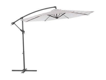 10ft taupe and white striped offset umbrella with sturdy aluminum frame, crank lift system, and UV-resistant polyester canopy perfect for patio or garden shade.