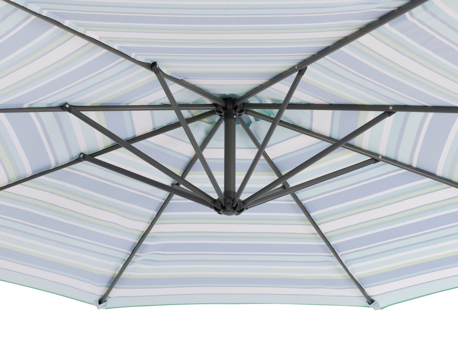 10ft blue and green striped offset patio umbrella, durable aluminum frame, adjustable tilt, and crank lift for easy setup, provides ample shade for outdoor seating areas, perfect for garden or patio use.