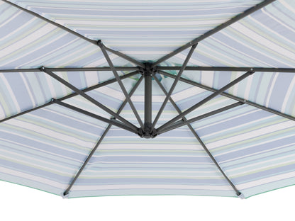 10ft blue and green striped offset patio umbrella, durable aluminum frame, adjustable tilt, and crank lift for easy setup, provides ample shade for outdoor seating areas, perfect for garden or patio use.