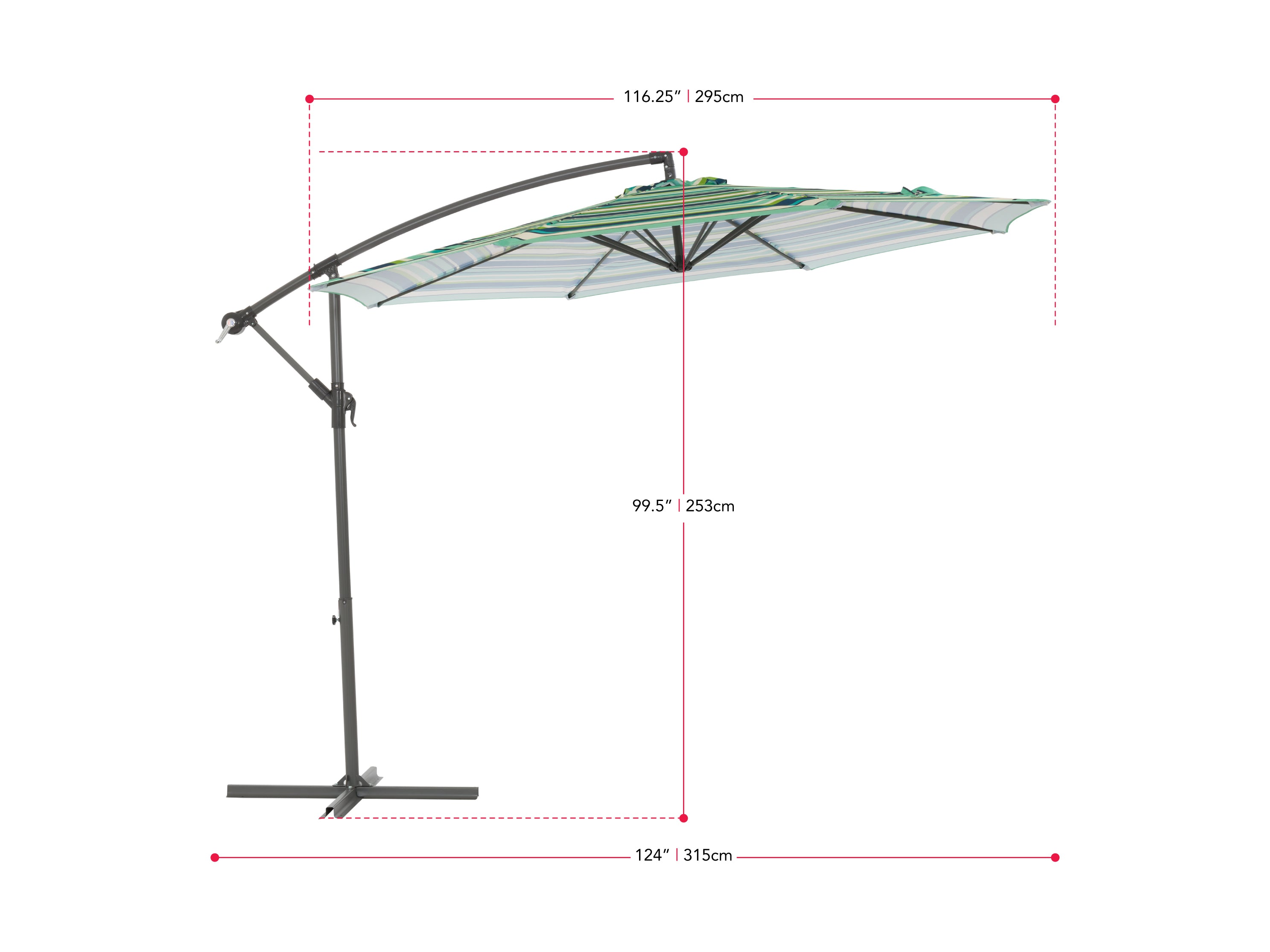 10ft blue and green striped offset patio umbrella, durable aluminum frame, adjustable tilt, and crank lift for easy setup, provides ample shade for outdoor seating areas, perfect for garden or patio use.