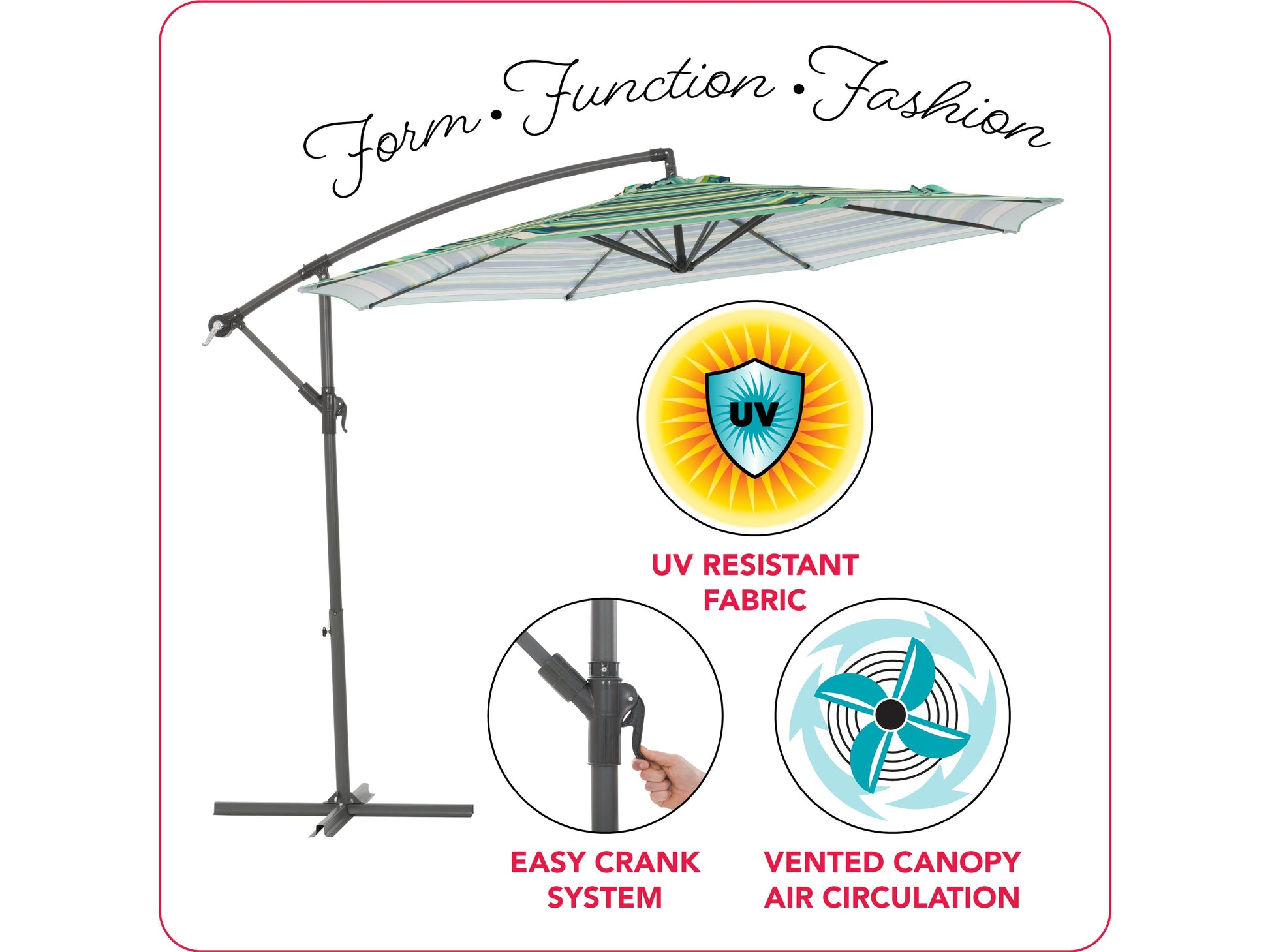 10ft blue and green striped offset patio umbrella, durable aluminum frame, adjustable tilt, and crank lift for easy setup, provides ample shade for outdoor seating areas, perfect for garden or patio use.