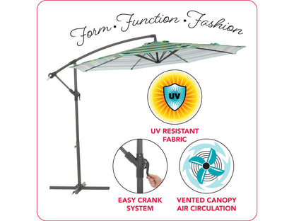 10ft blue and green striped offset patio umbrella, durable aluminum frame, adjustable tilt, and crank lift for easy setup, provides ample shade for outdoor seating areas, perfect for garden or patio use.