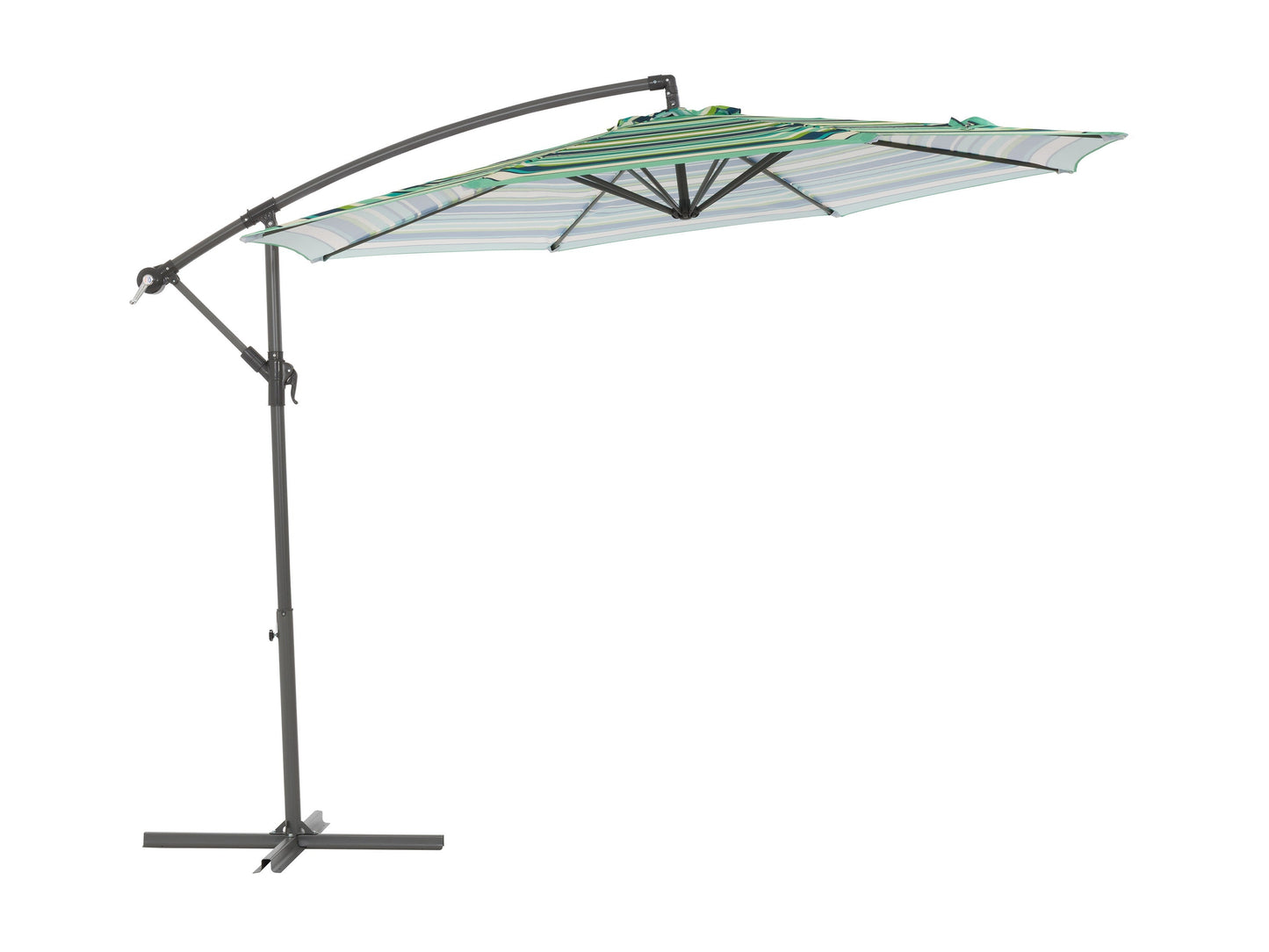 10ft blue and green striped offset patio umbrella, durable aluminum frame, adjustable tilt, and crank lift for easy setup, provides ample shade for outdoor seating areas, perfect for garden or patio use.