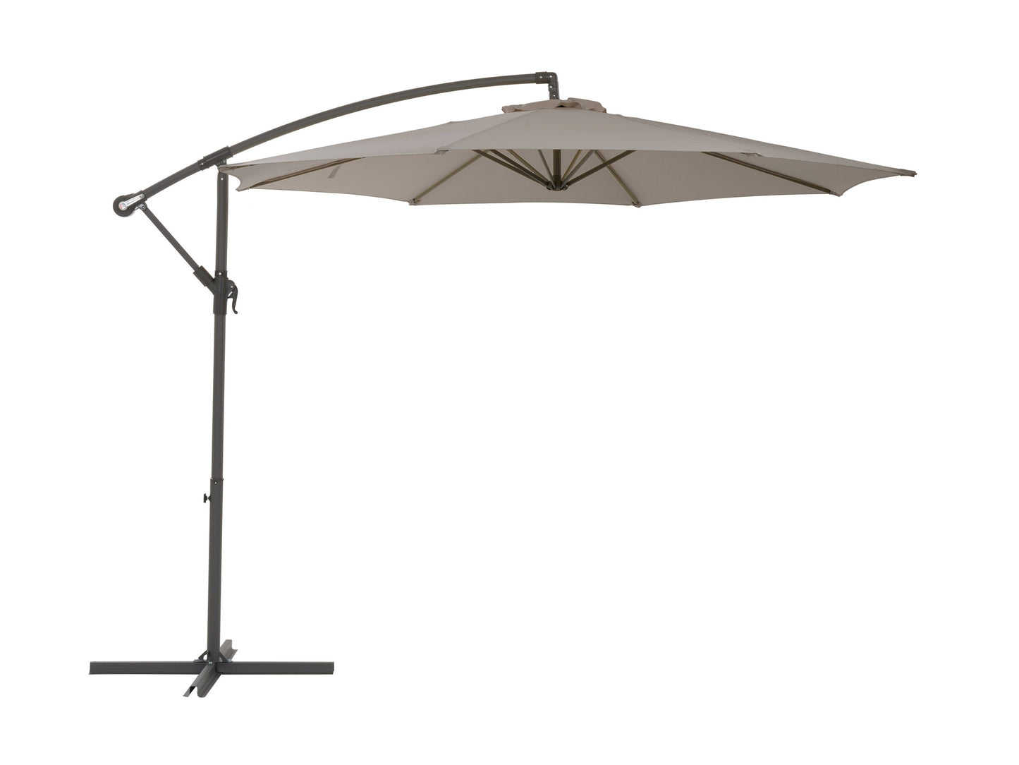 Grey 9.5ft tilting offset patio umbrella with sturdy aluminum frame, UV-resistant polyester canopy, and crank lift system for easy adjustment, perfect for outdoor shading on patios, decks, and gardens.