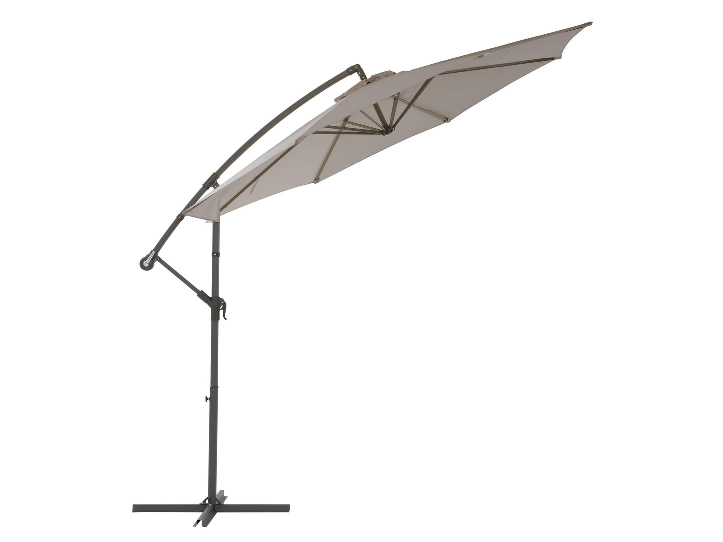 Grey 9.5ft tilting offset patio umbrella with sturdy aluminum frame, UV-resistant polyester canopy, and crank lift system for easy adjustment, perfect for outdoor shading on patios, decks, and gardens.