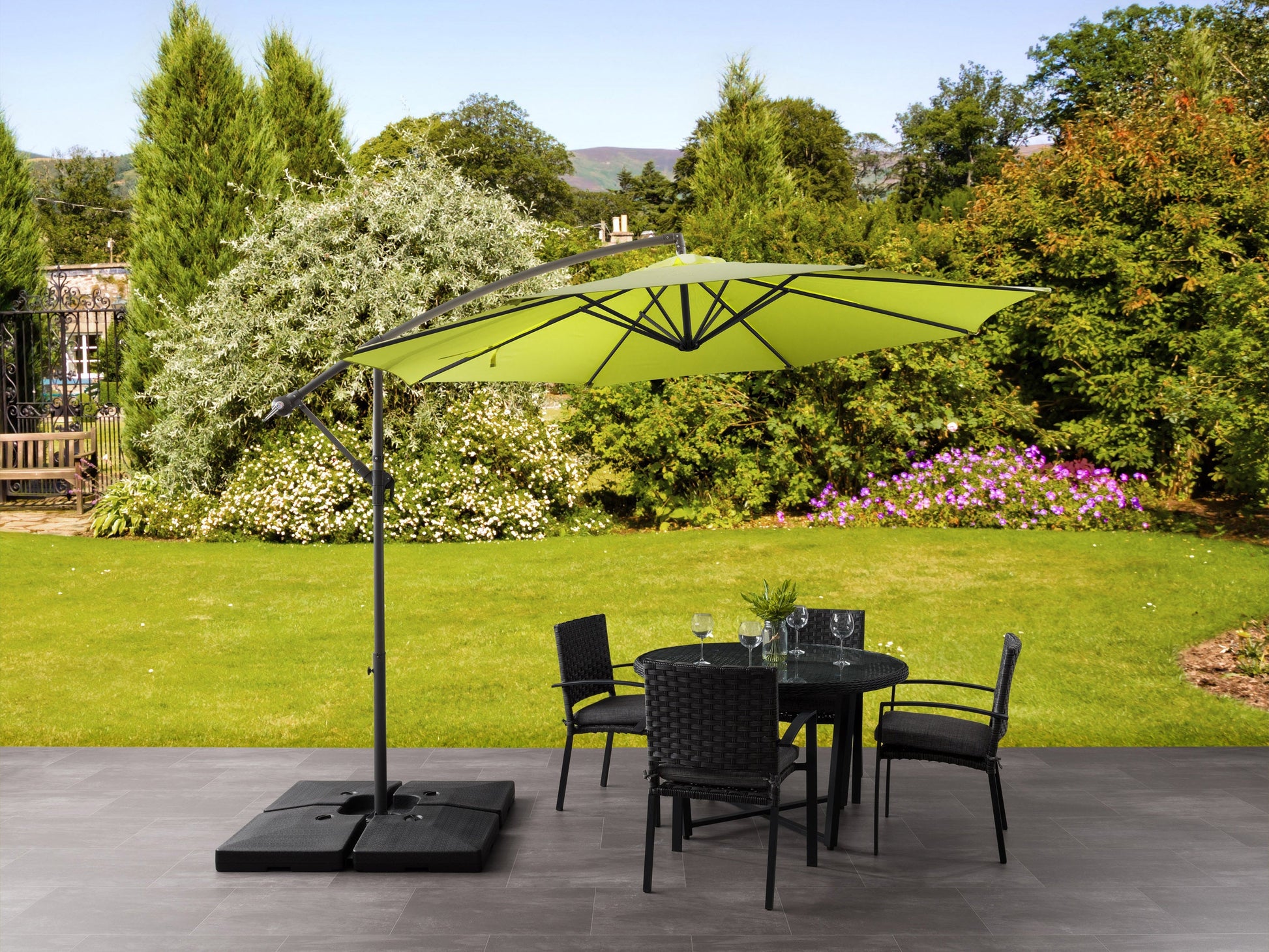 Lime green 9.5ft tilting offset patio umbrella with a durable aluminum frame, crank lift system, and adjustable canopy for optimal shade. Ideal for outdoor settings like patios, gardens, and poolside areas.