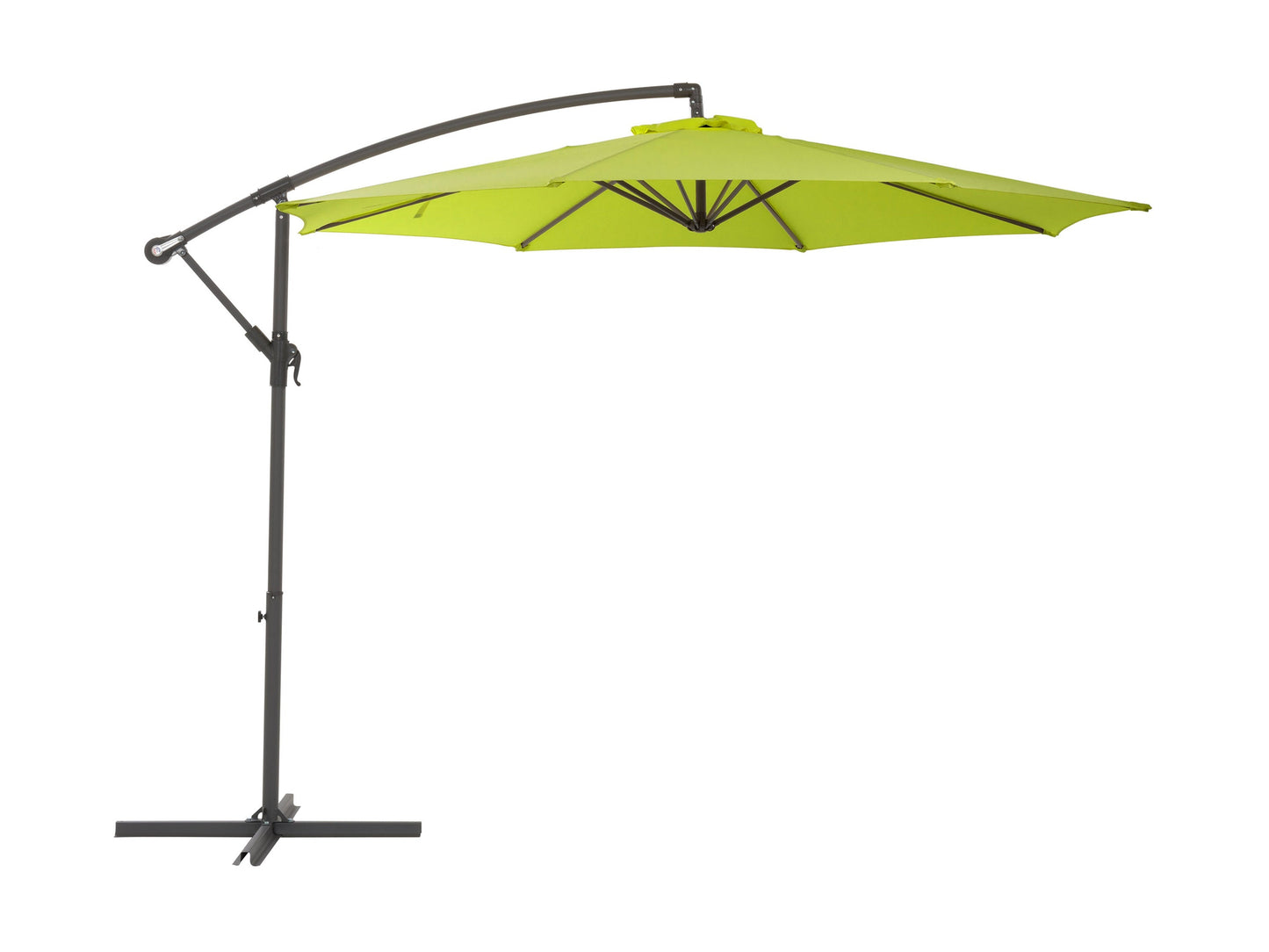 Lime green 9.5ft tilting offset patio umbrella with a durable aluminum frame, crank lift system, and adjustable canopy for optimal shade. Ideal for outdoor settings like patios, gardens, and poolside areas.