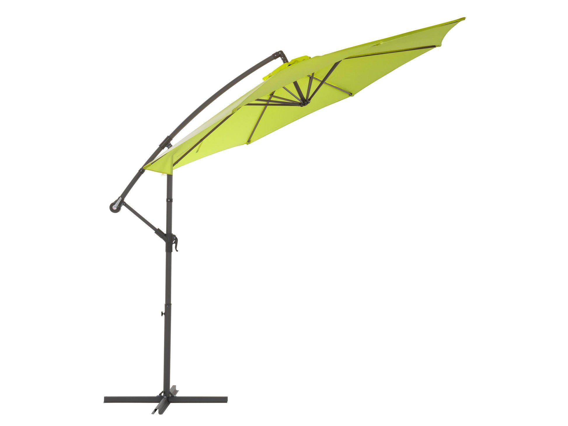 Lime green 9.5ft tilting offset patio umbrella with a durable aluminum frame, crank lift system, and adjustable canopy for optimal shade. Ideal for outdoor settings like patios, gardens, and poolside areas.