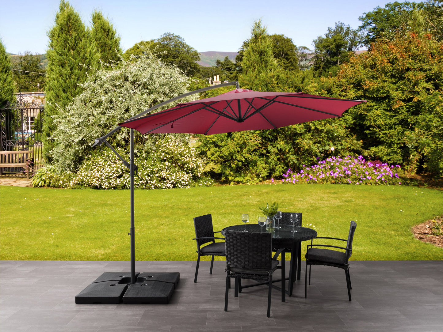 Wine red 9.5ft tilting offset patio umbrella with durable aluminum frame, crank lift system, and UV-resistant fabric for outdoor shade. Ideal for patios, gardens, and poolside areas.