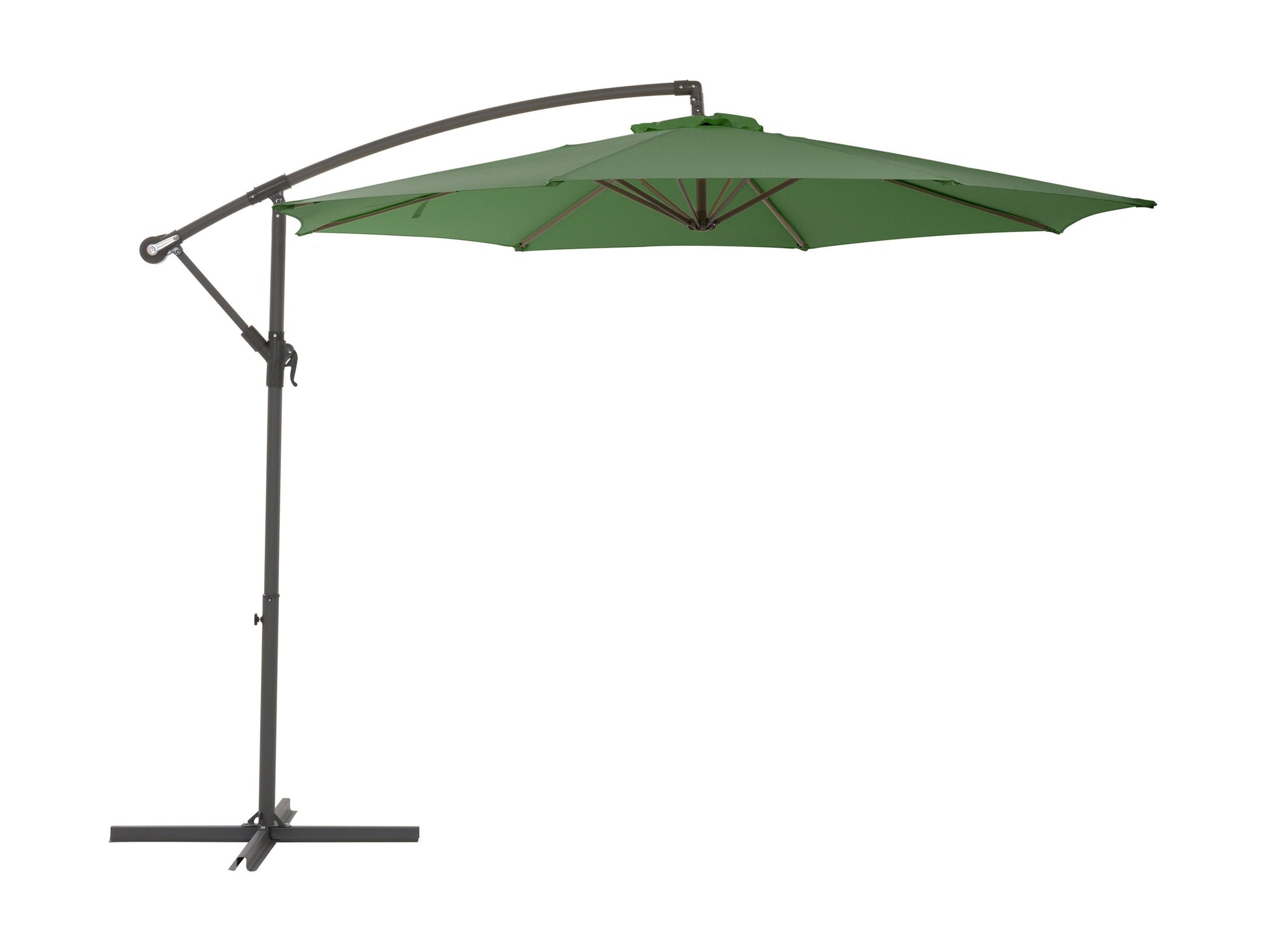 Forest green 9.5ft tilting offset patio umbrella with durable aluminum frame, UV-resistant polyester canopy, and crank lift system for easy adjustment. Perfect for outdoor shading on patios and gardens.