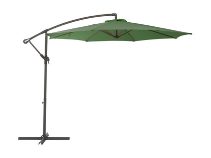 Forest green 9.5ft tilting offset patio umbrella with durable aluminum frame, UV-resistant polyester canopy, and crank lift system for easy adjustment. Perfect for outdoor shading on patios and gardens.