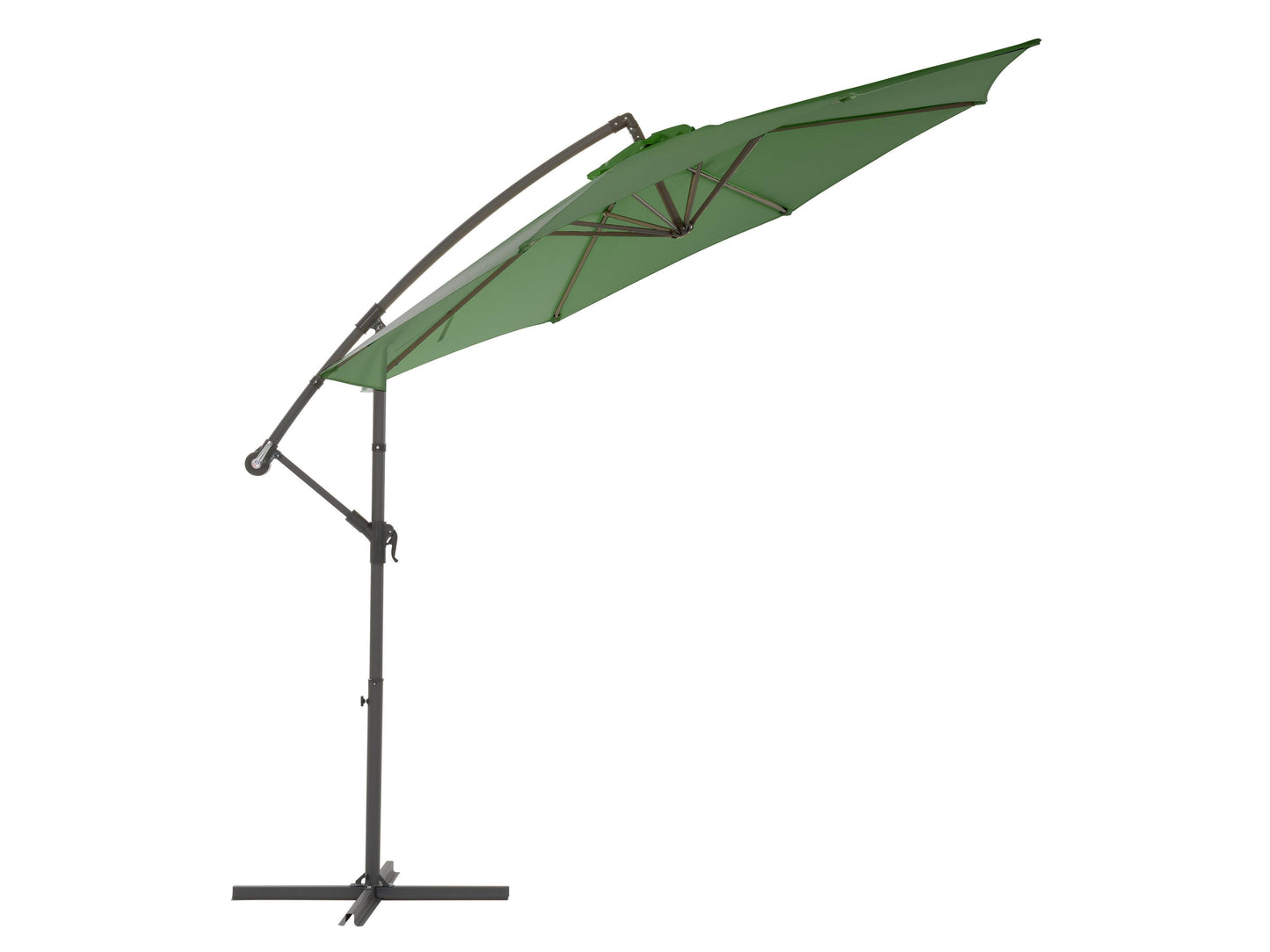 Forest green 9.5ft tilting offset patio umbrella with durable aluminum frame, UV-resistant polyester canopy, and crank lift system for easy adjustment. Perfect for outdoor shading on patios and gardens.