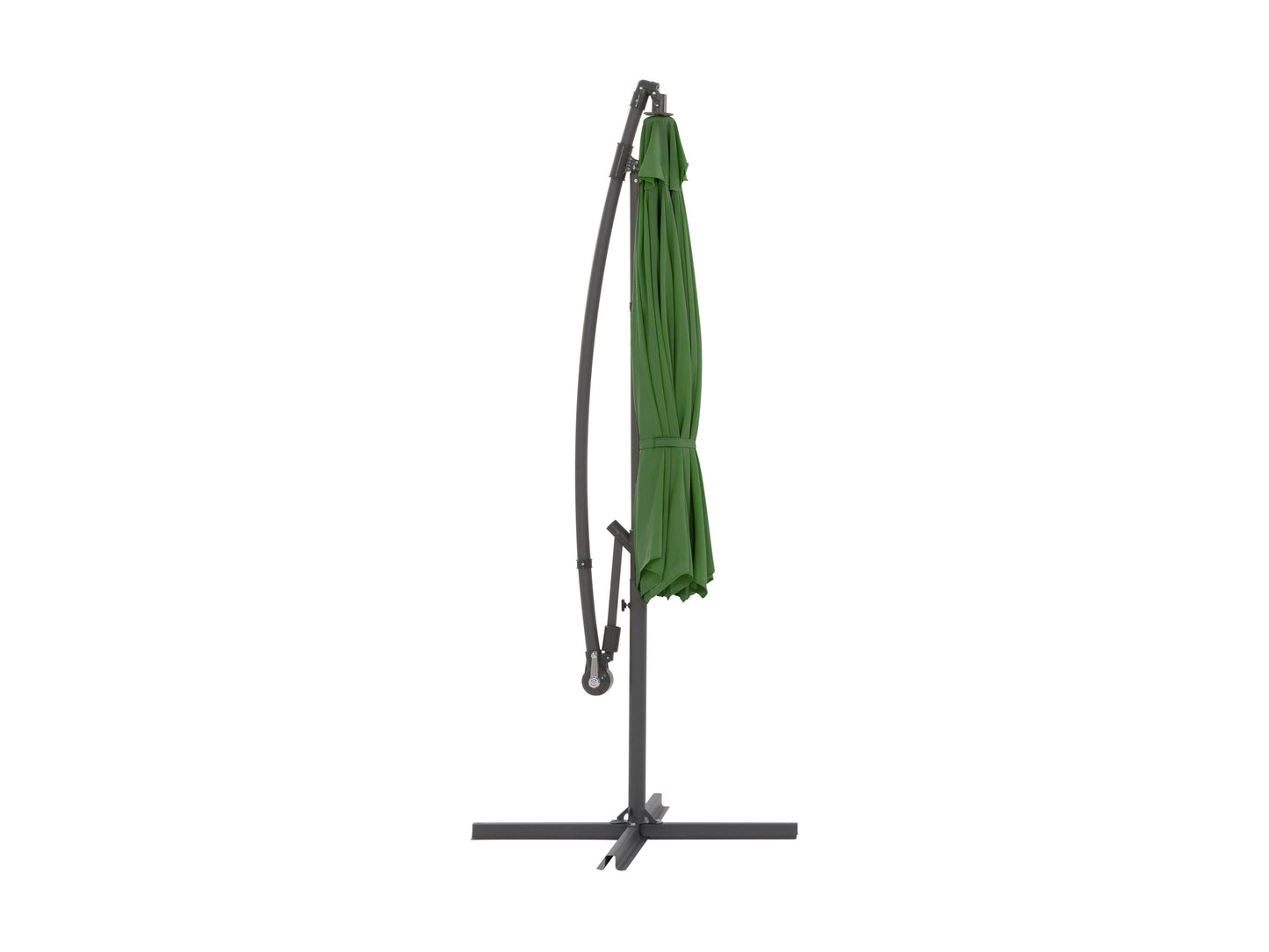 Forest green 9.5ft tilting offset patio umbrella with durable aluminum frame, UV-resistant polyester canopy, and crank lift system for easy adjustment. Perfect for outdoor shading on patios and gardens.