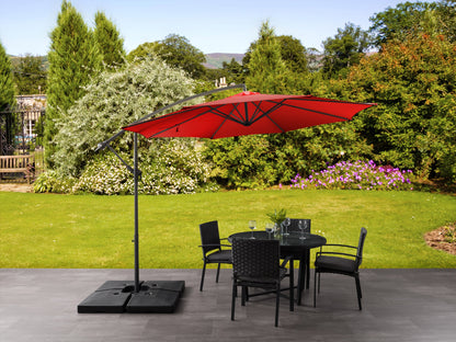 9.5ft crimson red offset patio umbrella with tilting feature, sturdy aluminum frame, UV-resistant fabric, and easy crank lift system, perfect for outdoor shade on patios and decks.