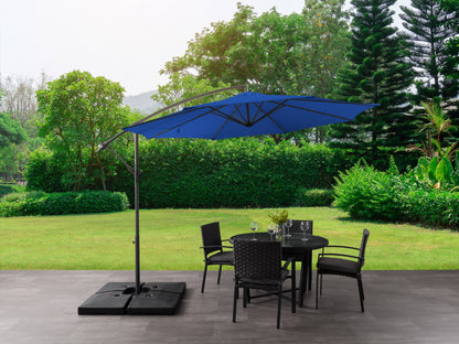 9.5ft cobalt blue tilting offset patio umbrella with durable aluminum frame, crank lift, and vented canopy for optimal shade and airflow in outdoor settings.