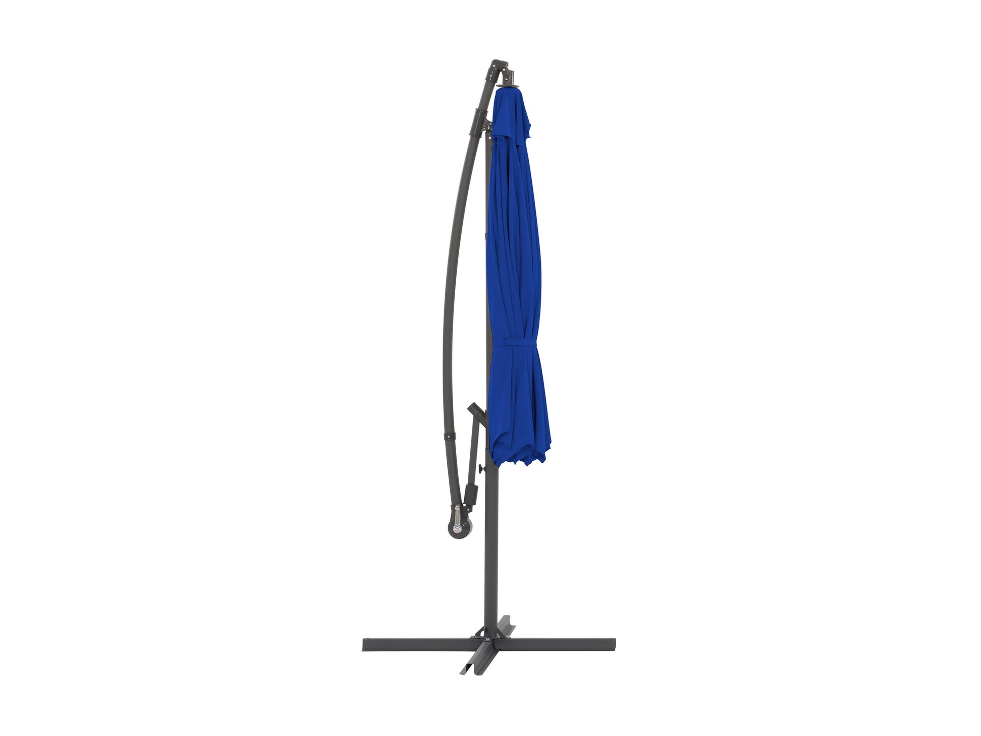 9.5ft cobalt blue tilting offset patio umbrella with durable aluminum frame, crank lift, and vented canopy for optimal shade and airflow in outdoor settings.