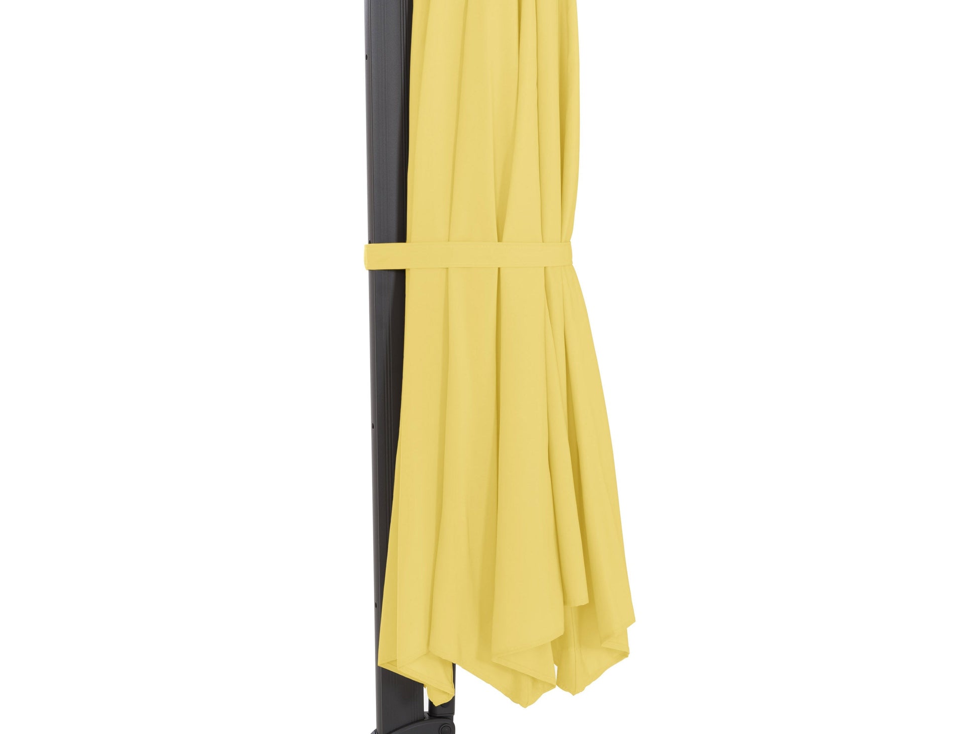 Yellow 11.5ft deluxe offset patio umbrella with a sturdy black metal frame, adjustable canopy, and wind-resistant design, providing ample shade for outdoor seating areas.