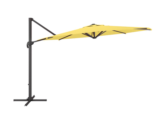 Yellow 11.5ft deluxe offset patio umbrella with a sturdy black metal frame, adjustable canopy, and wind-resistant design, providing ample shade for outdoor seating areas.