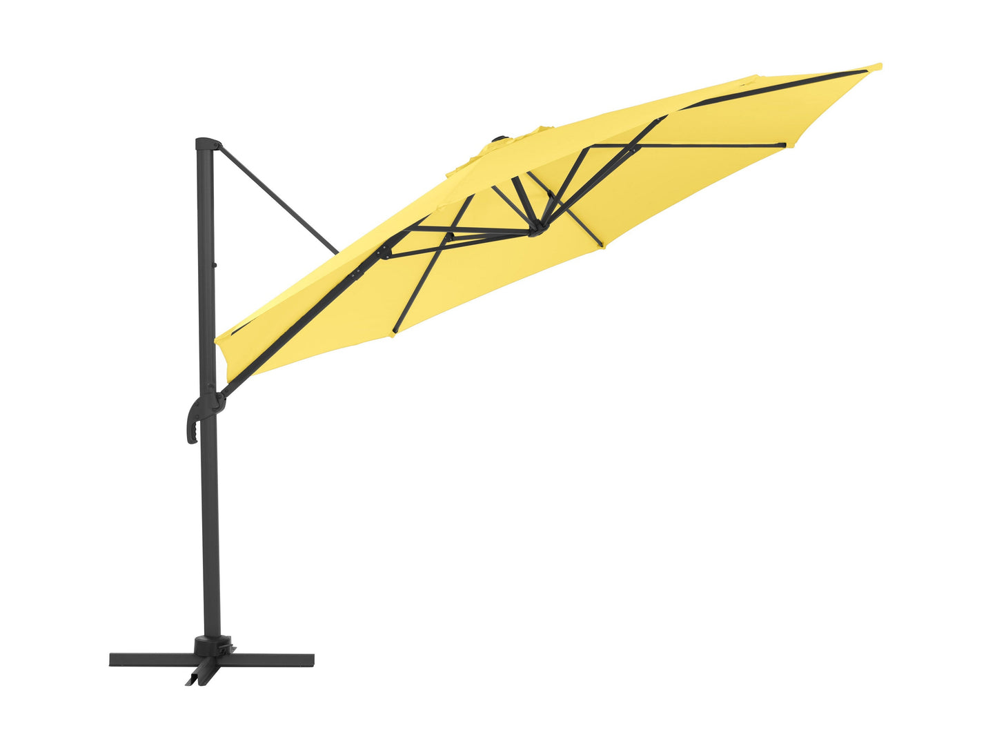 Yellow 11.5ft deluxe offset patio umbrella with a sturdy black metal frame, adjustable canopy, and wind-resistant design, providing ample shade for outdoor seating areas.