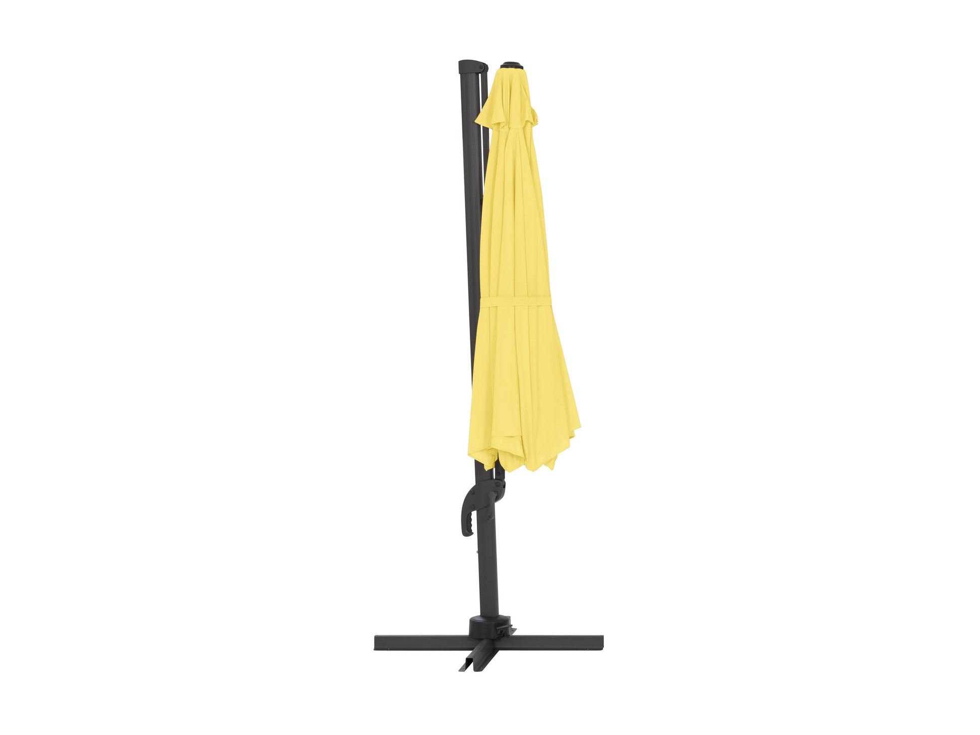 Yellow 11.5ft deluxe offset patio umbrella with a sturdy black metal frame, adjustable canopy, and wind-resistant design, providing ample shade for outdoor seating areas.