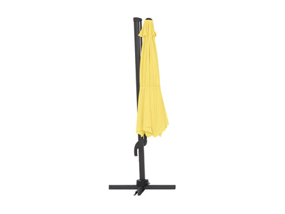 Yellow 11.5ft deluxe offset patio umbrella with a sturdy black metal frame, adjustable canopy, and wind-resistant design, providing ample shade for outdoor seating areas.