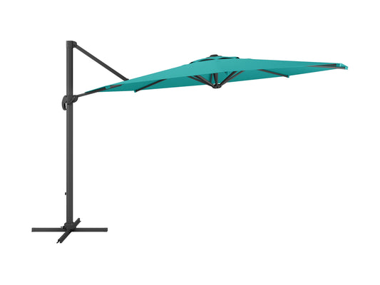 Turquoise 11.5ft deluxe offset patio umbrella with a sturdy aluminum frame, crank lift system, and UV-resistant fabric, providing ample shade for outdoor seating areas and enhancing patio decor.