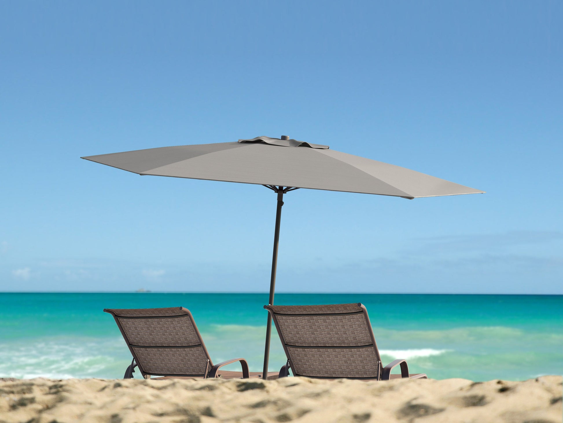 Alt Text: Sandy grey 7.5ft beach umbrella with sturdy pole, tilt mechanism, and UV-resistant fabric, perfect for outdoor shade at the beach or patio.