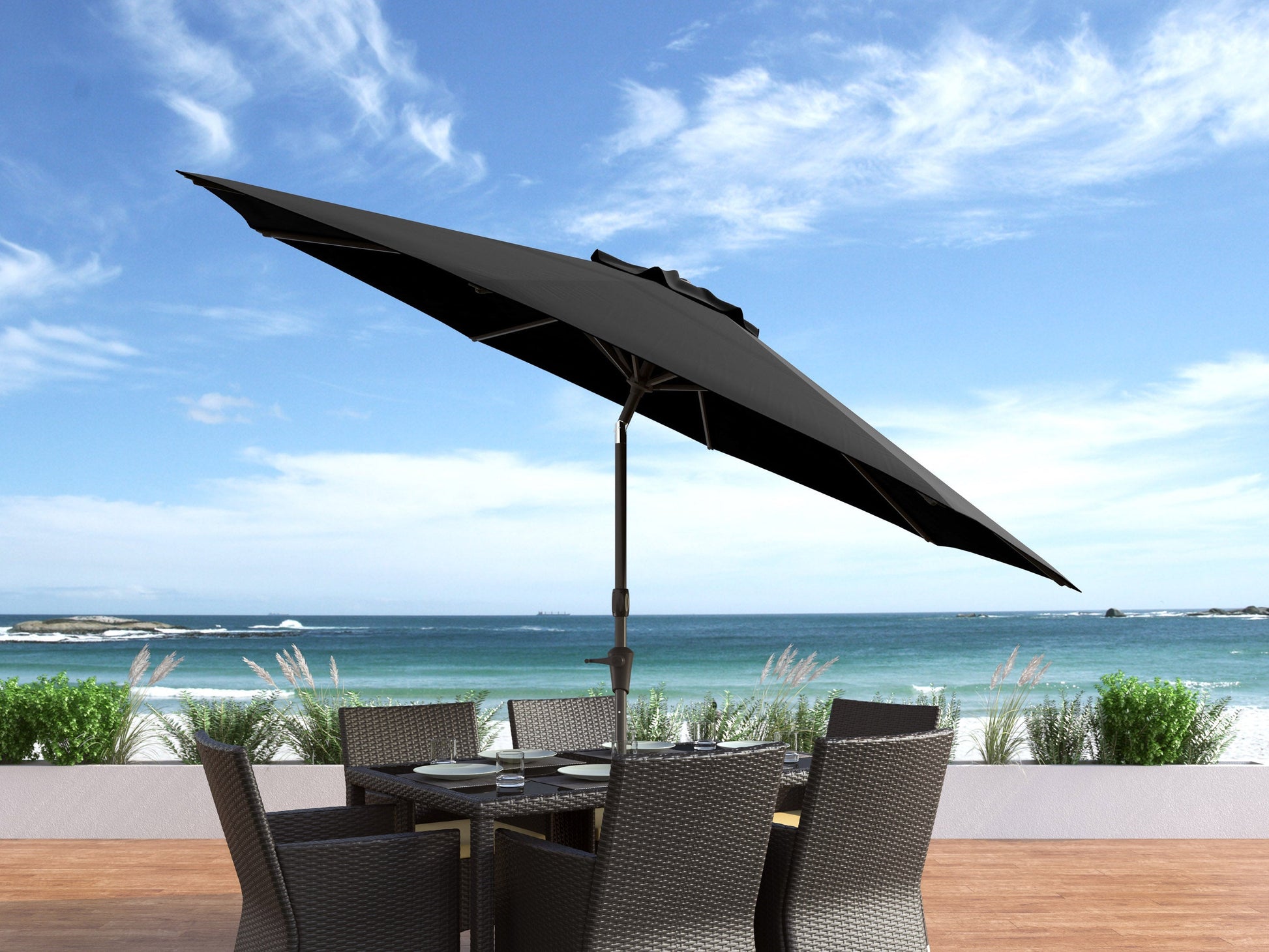 10ft black patio umbrella with wind-resistant design, featuring a sturdy metal frame, durable fabric canopy, and easy crank lift system. Perfect for outdoor shade and protection from the sun.