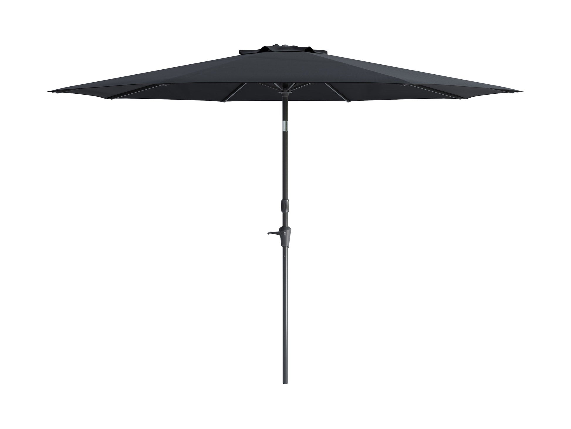 10ft black patio umbrella with wind-resistant design, featuring a sturdy metal frame, durable fabric canopy, and easy crank lift system. Perfect for outdoor shade and protection from the sun.