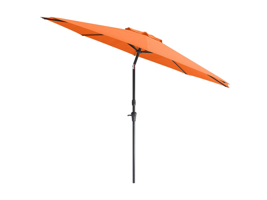 Orange 10ft wind-resistant patio umbrella with sturdy aluminum pole, adjustable tilt feature, and UV-resistant canopy. Ideal for outdoor spaces, providing ample shade and protection from the elements.