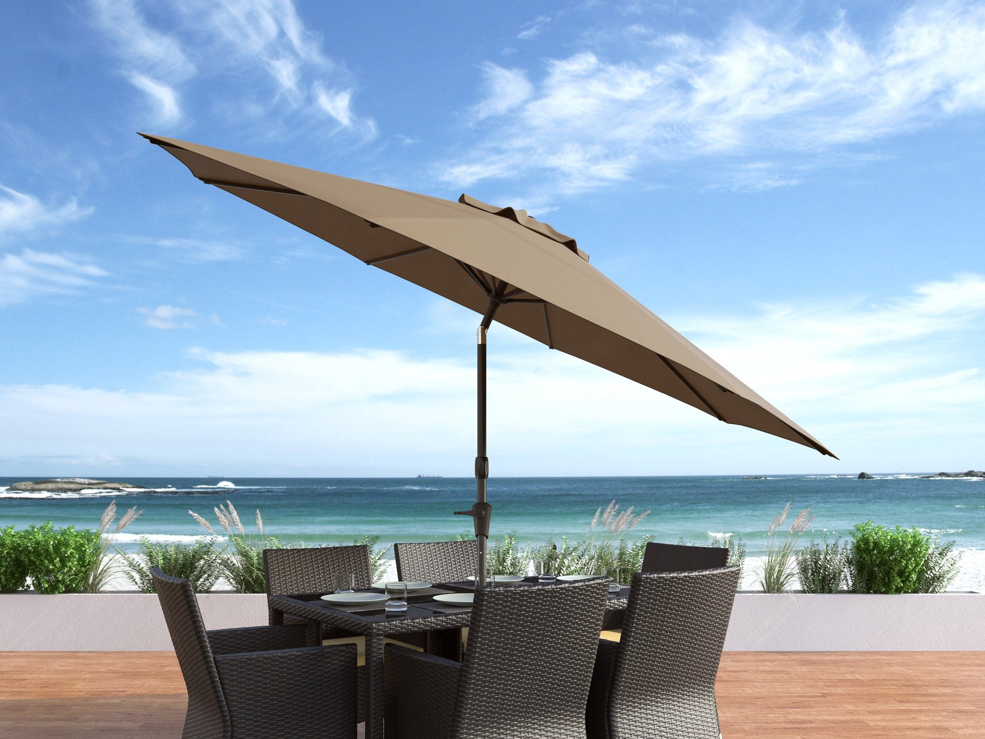 10ft wind-resistant patio umbrella in sandy brown with sturdy aluminum frame, crank lift system, and UV-resistant fabric, perfect for outdoor spaces like patios, gardens, and decks.