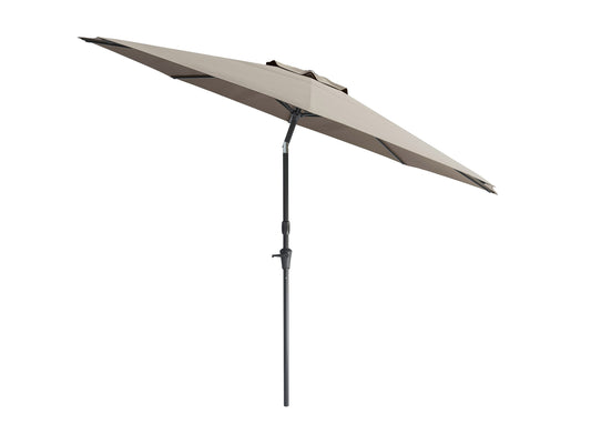 10ft wind-resistant patio umbrella in sandy grey with a sturdy metal frame, crank lift system, and UV-resistant canopy. Ideal for outdoor spaces, providing ample shade and durability in various weather conditions.