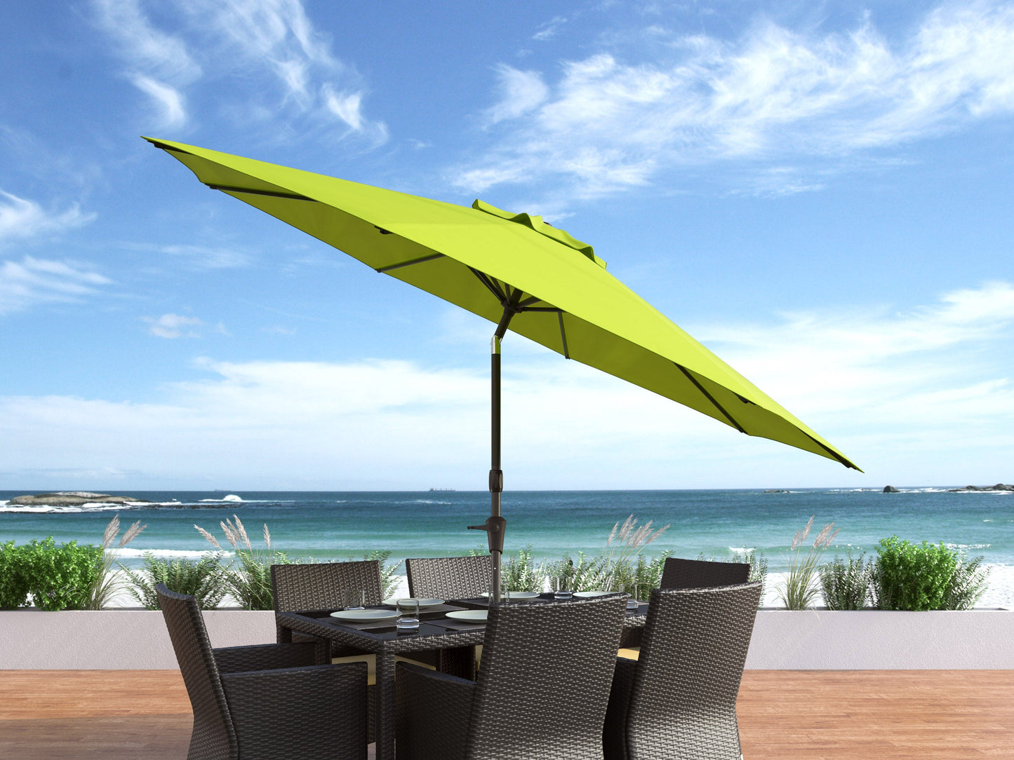 Lime green 10ft wind-resistant patio umbrella with sturdy aluminum pole, crank lift system, and UV-resistant fabric for outdoor shade and durability.