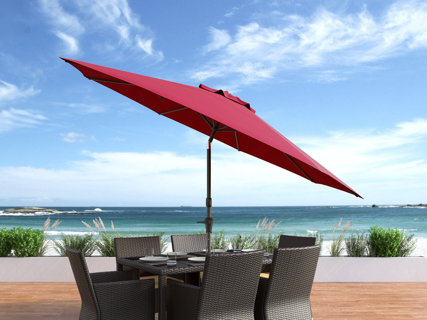 Wine red 10ft wind-resistant patio umbrella with sturdy metal pole and crank handle, featuring UV protection and durable fabric, perfect for outdoor patios and garden settings.